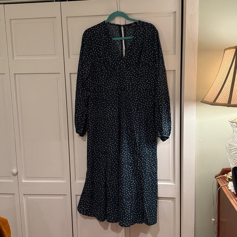 Suzanne Betro Midi Dress 1X Hunter green white Polka Dot long Sleeve Plus empire